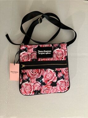 Juicy Couture Pink Rose Print Black Trim Crossbody Bag